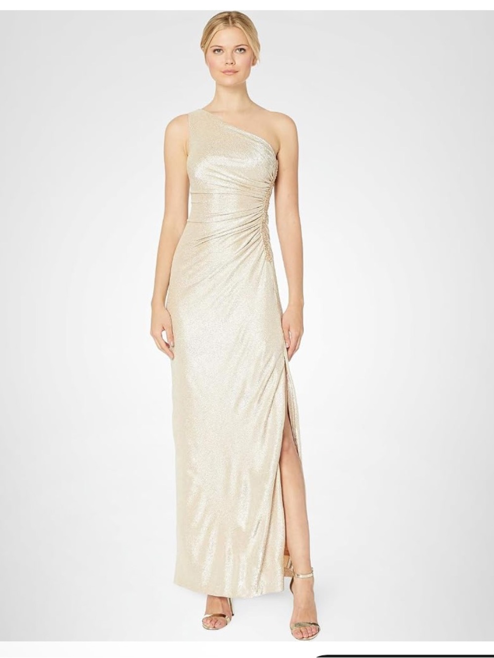 Calvin Klein One-Shoulder Metallic Champagne Evening Gown